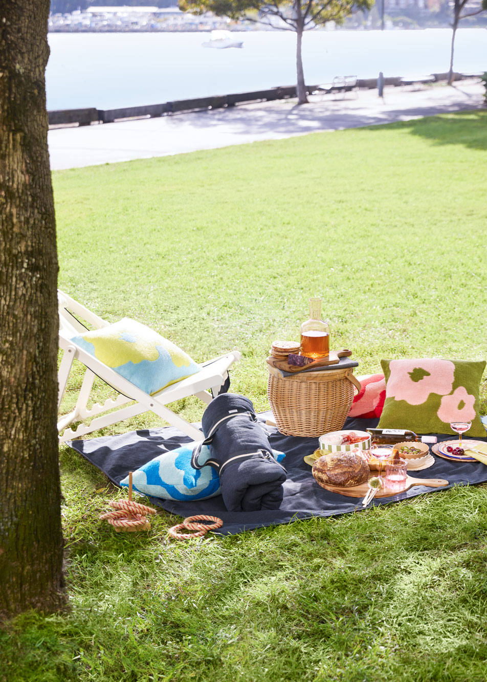 A picnic set up on the grass, with cushions, a picnic rug and various foods and drink