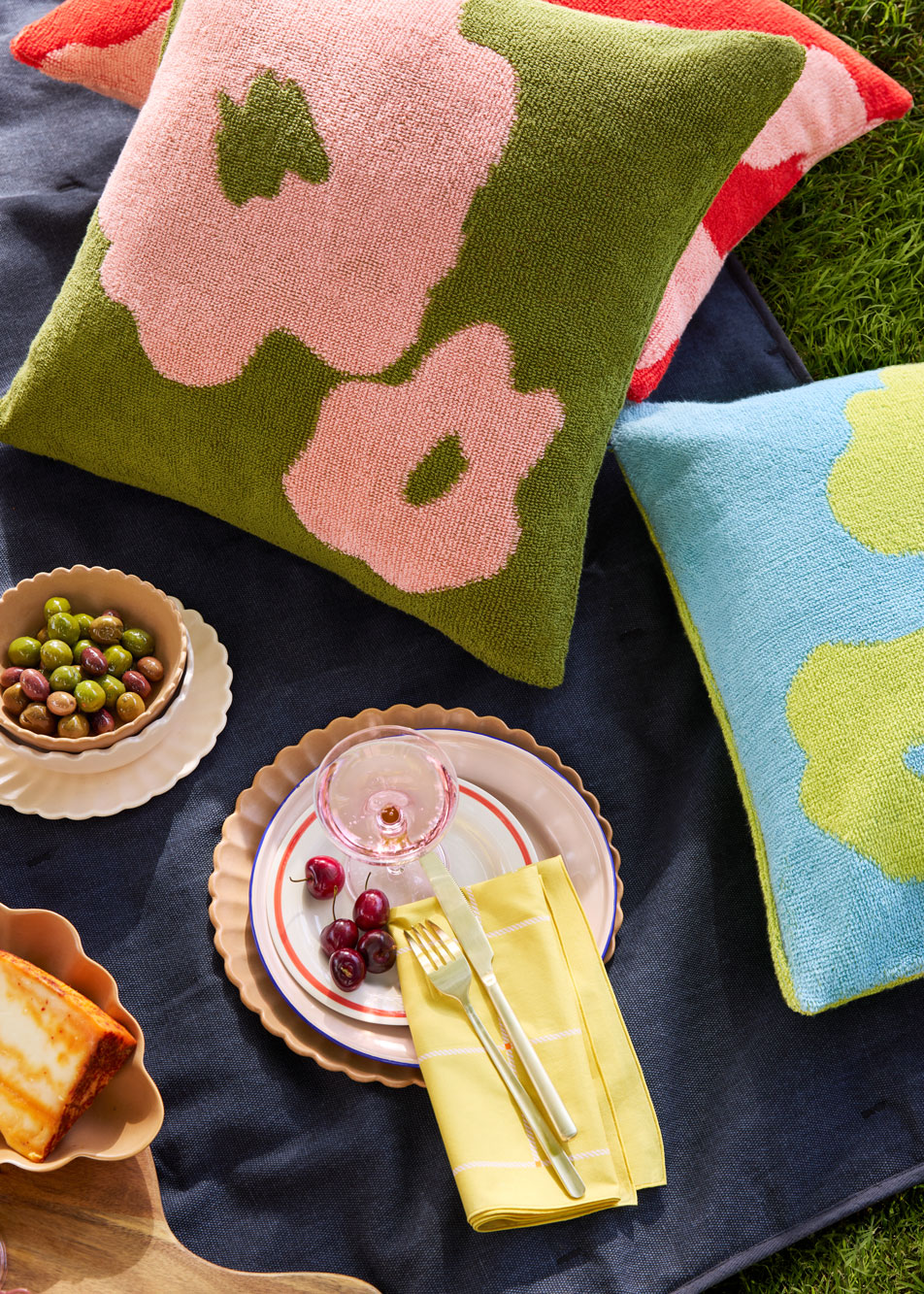 A close-up of a picnic rug with cushions, plates and food