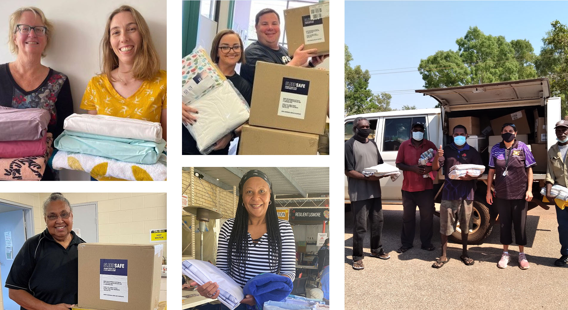 collage of images from sleepsafe partners. homelessness shelters recieving sheridan's sleep kits.