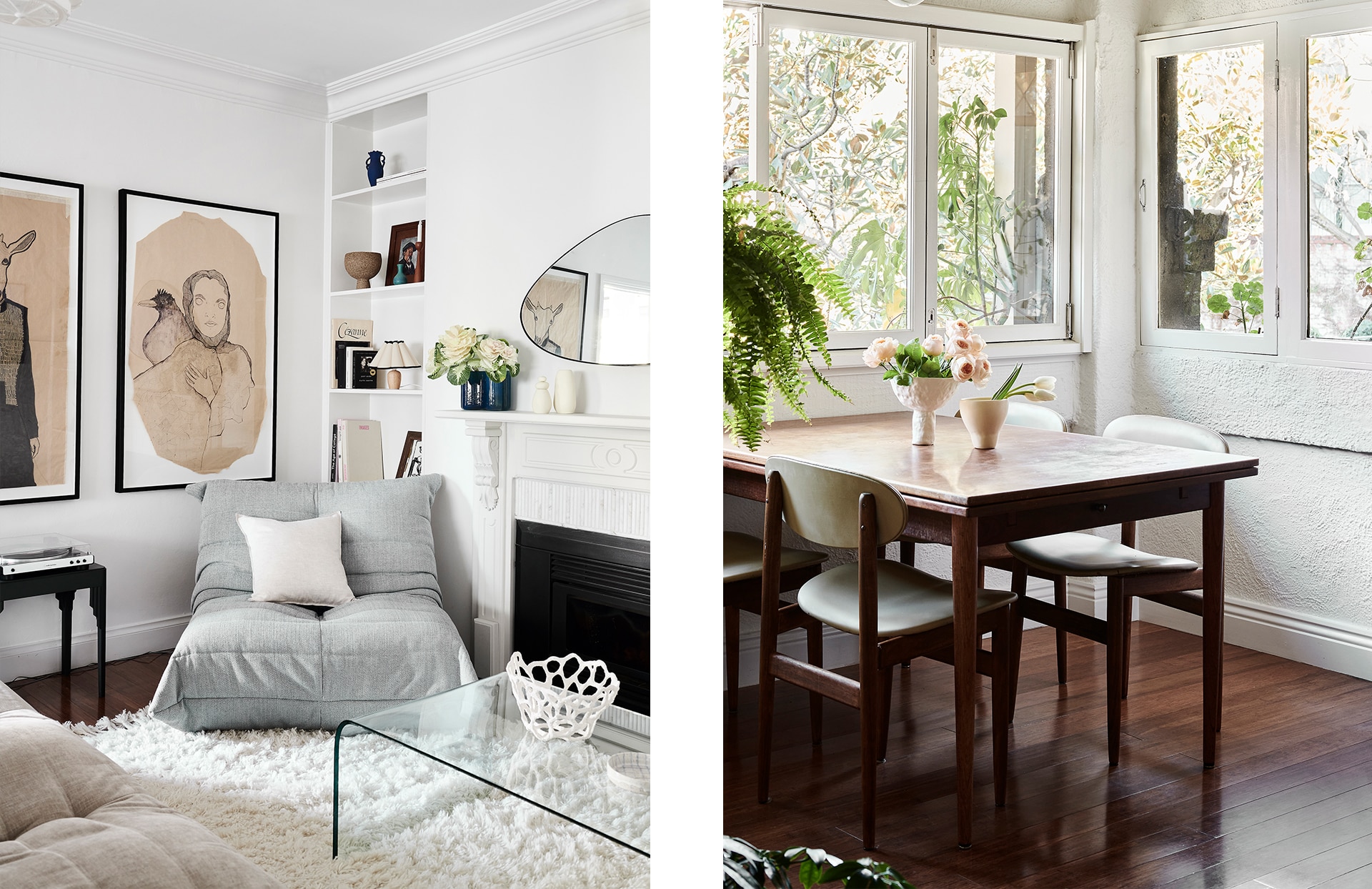 split image. right hand has corner shot of loungeroom, with grey lounge, sheridan abbotson square cushion in flax, corner of glass table and white rug. left side, dining room with table and four chairs, wood floor, trees through window.