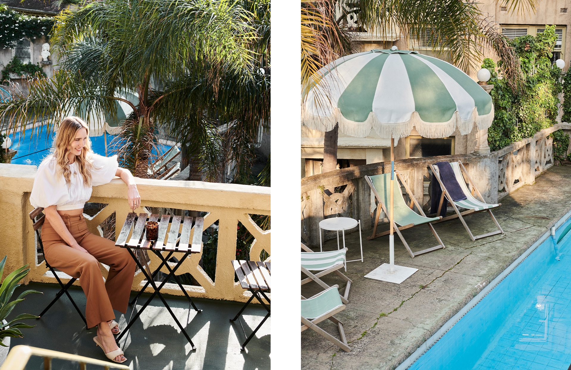 split image. right hand has bailey jones sitting on balcony, with blue pool and palm trees in background. left side has corner of pool, tiles, four deck chairs with a sheridan ultimate indulgence towel, and green and white standing umbrella.