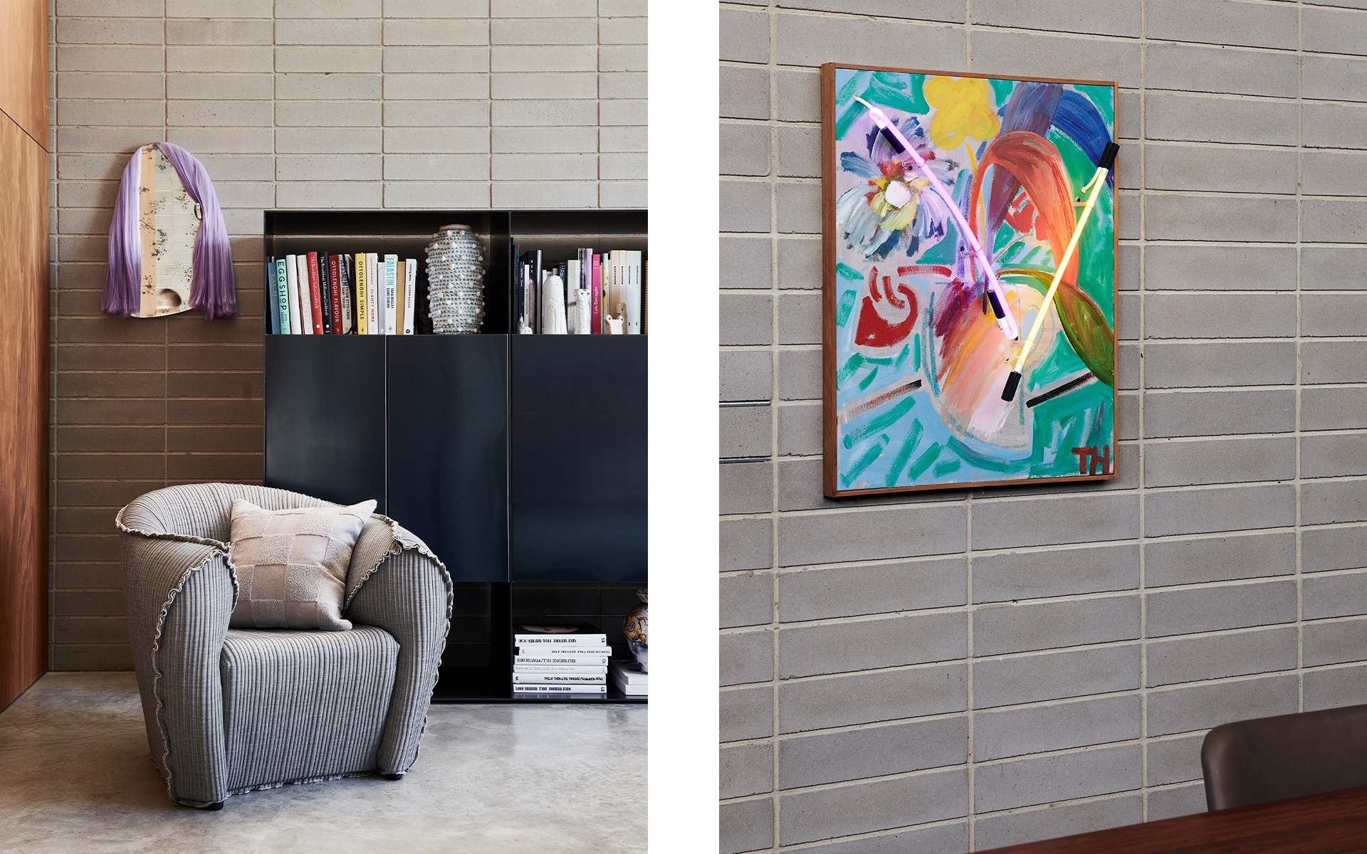 split image. right: textured chair with sheridan woodsdale cushion. black bookcase with books and vase. right: exposed brickwork with colourful artwork, featuring LED lights, hung on wall.