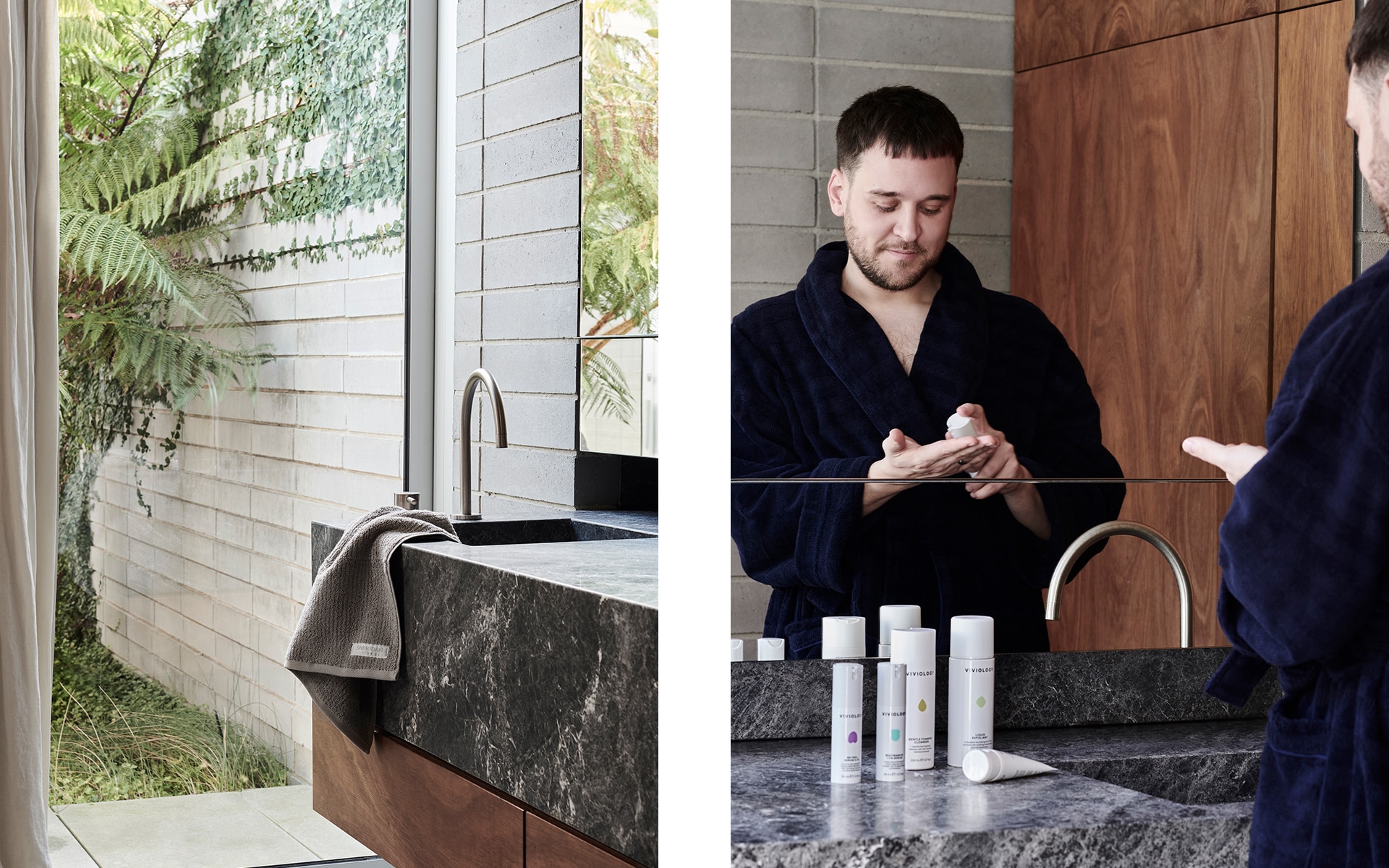 split image. right: shot of corner of bathroom countertop, with ash sheridan living textures towel. glass window shows palm fronds. right: james vivian wearing sheridan chiswick robe, applying viviology skincare in mirror.