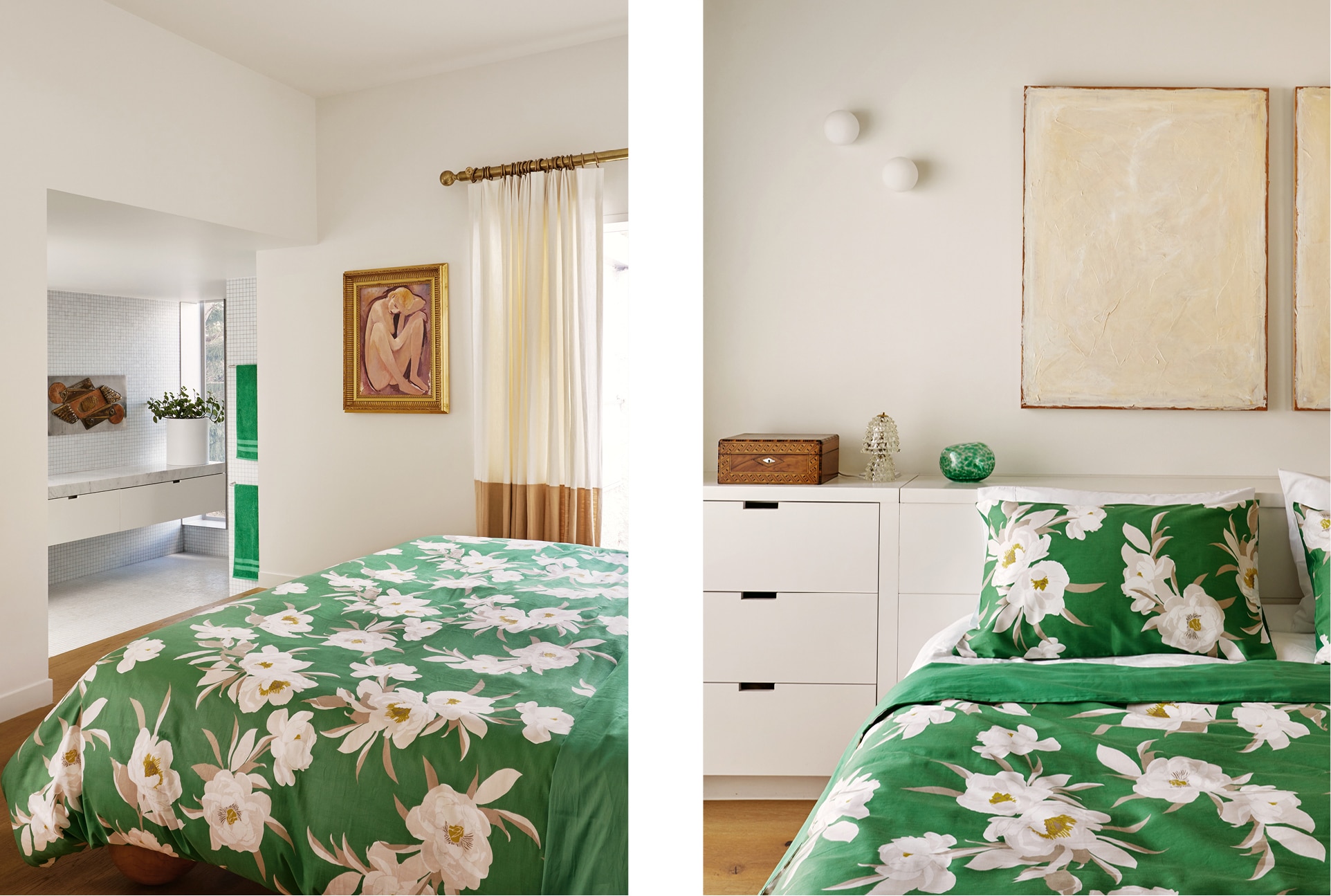 split image. left side has a shot over the bed in the master bedroom, dressed in green bedding with flowers. it looks onto the ensuite, with a peek of green towels. right side: photo taken at foot of bed, looking back at green bedding.