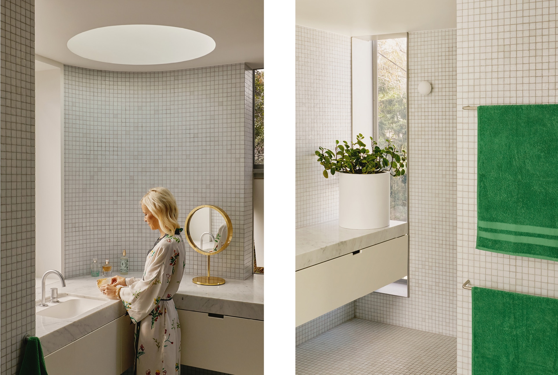 split image. left side has pip in her bathroom, at the counter, wearing a silky, floral sheridan bathrobe. right side has a shot of one corner of the white bathroom. green sheridan towels hand from towel racks on the wall. window and plant in background.