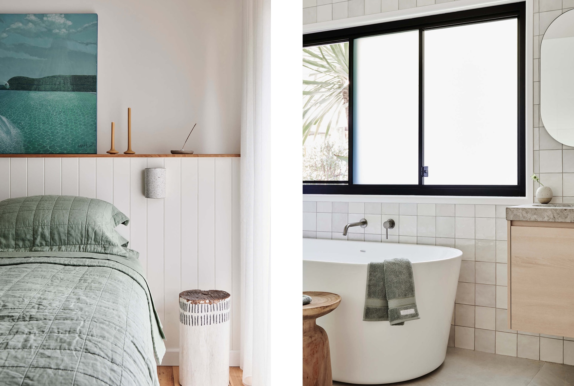split image. left side: master bedroom, with bed dressed in abbotson linen in cactus. painting above bed, wooden stump as bedside table. right side: bathroom with white tiled walls and white bathtub. luxury egyptian hand towel in dew hangs over tub.