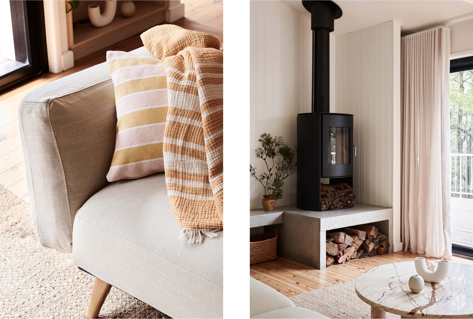 split image. left side has close up of corner of couch, with yellow and pink stanfield cushion, and mustard and white throw with fringing and stripes. right side: shot of the fireplace in corner of living room.