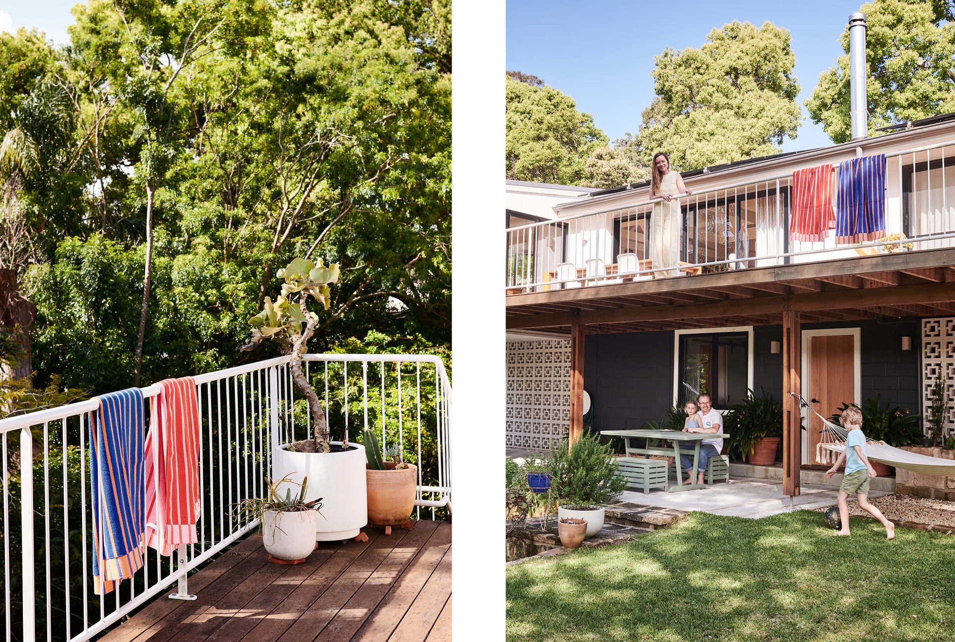 split image. left side two striped kids beach towel hand over balcony railing, with dense green trees in background. right side shot looking back at house, xanthe stands at balcony with kids towels, sam clover and ace play in backyard on level below.