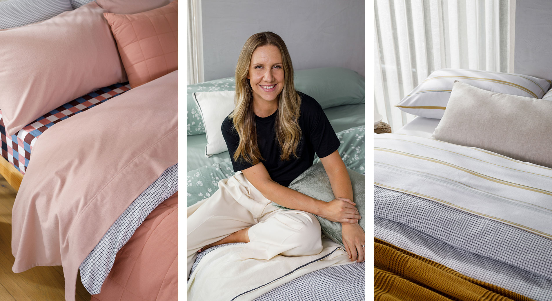 Three images showcasing flannelette sheeting in different colours and prints